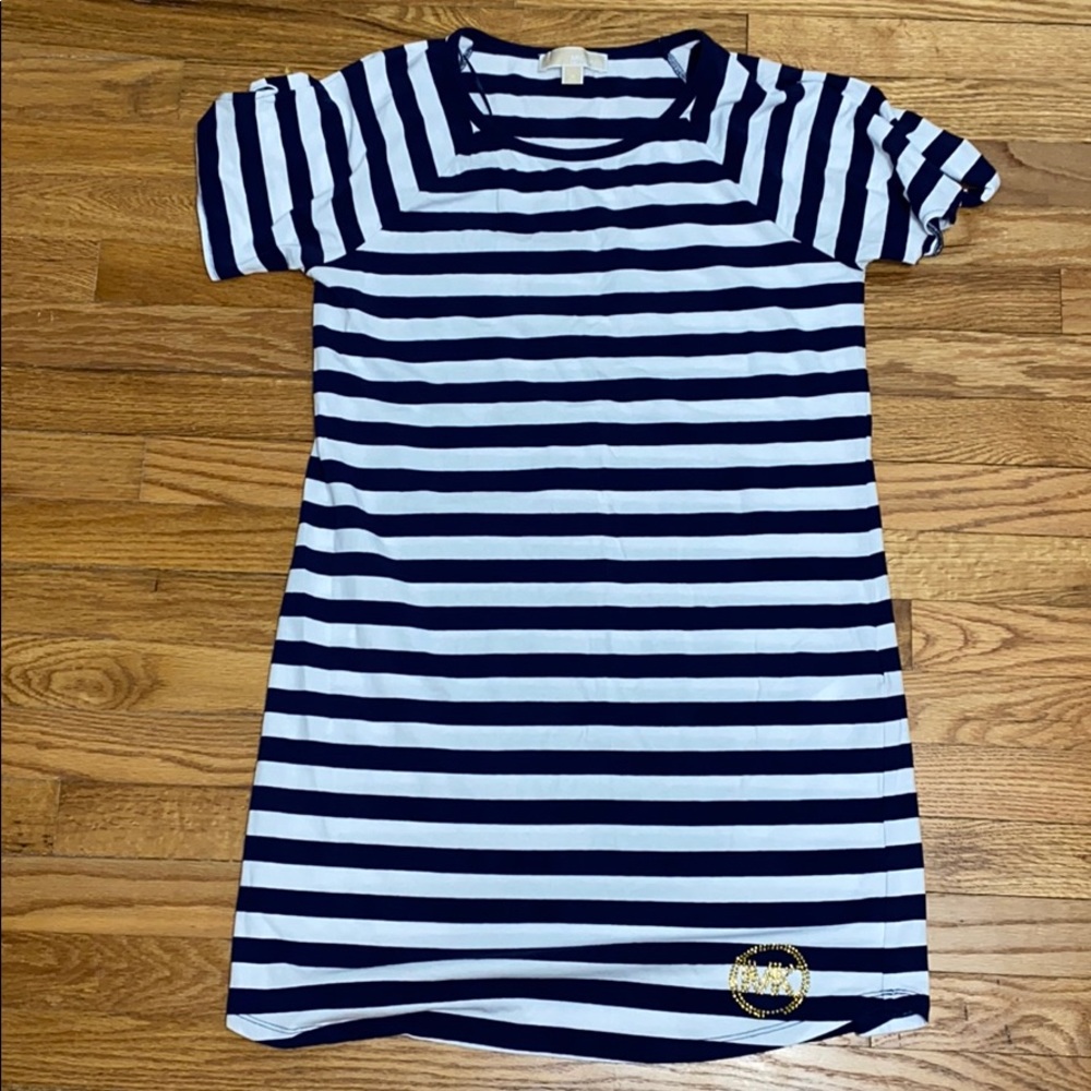 Navy blue and white striped dress